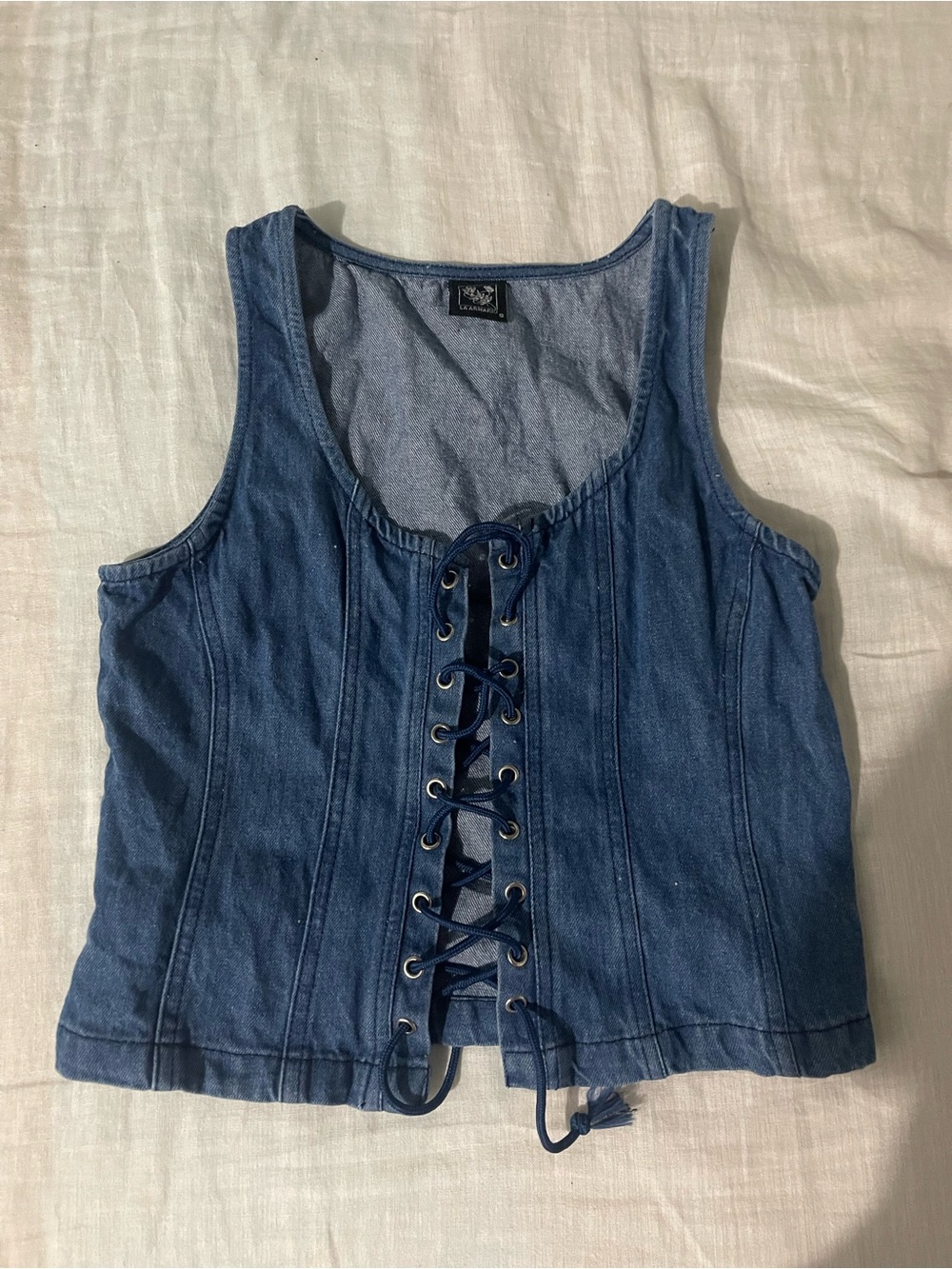Denim Lace-Up Tank Top in Blue